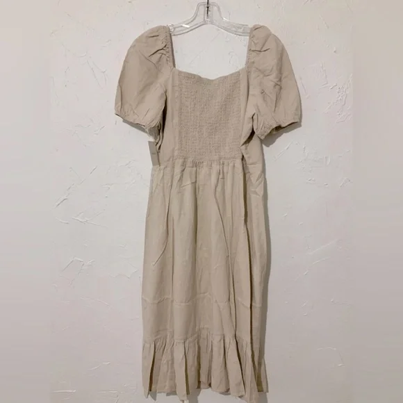 Ellen Tracy Sweetheart Neckline Balloon Sleeve Flounce Linen Midi Dress Sz Large - Picture 10 of 11
